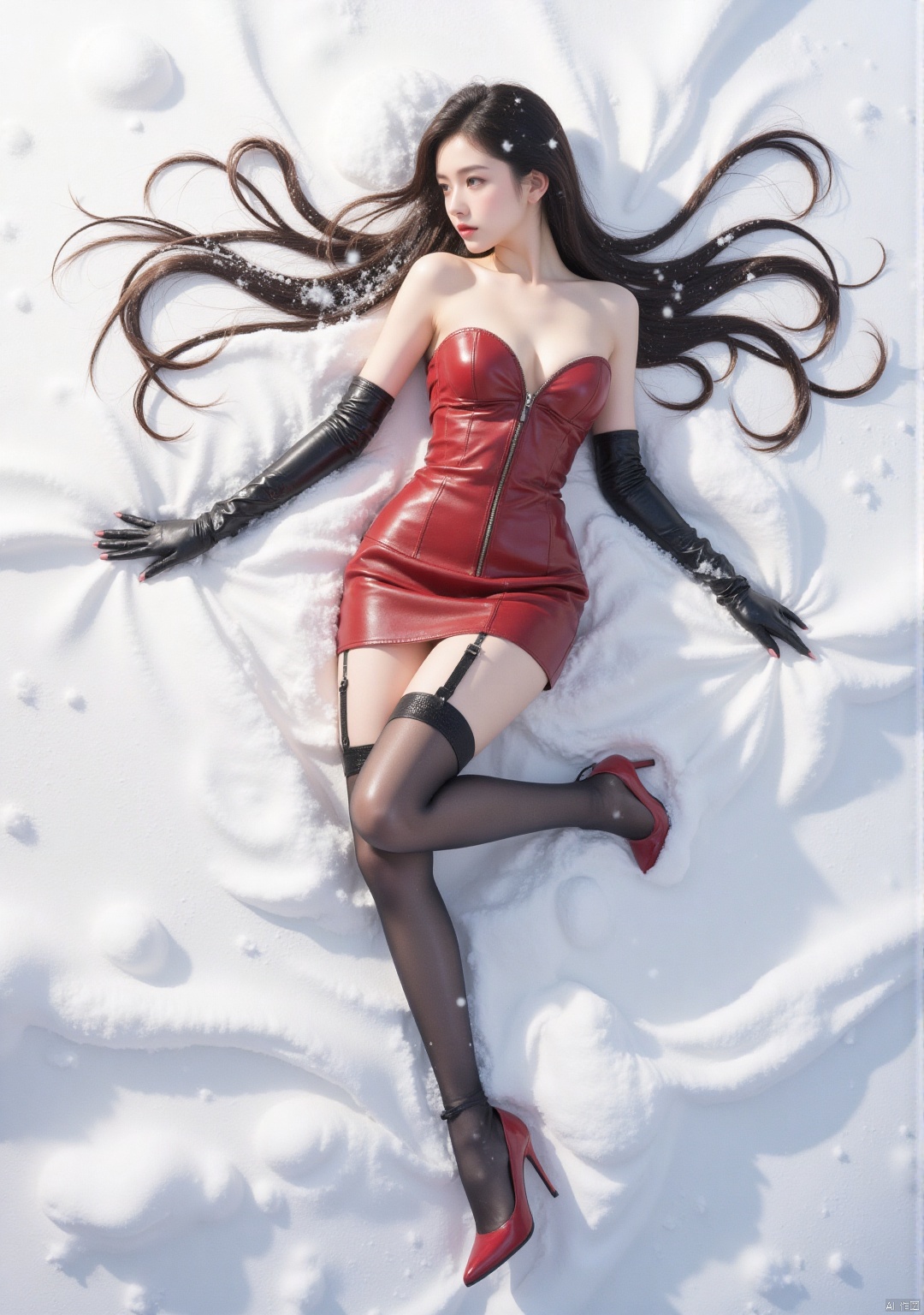 Realistic photo, 1girl, long flowing hair, fair skin, big breasts, bare shoulders, red leather top, red short leather skirt, long legs, garters, leather stockings, red high heels, full body, lying in the snow , (falling snow), (body covered with snow), heavy snow, Christmas, top view,