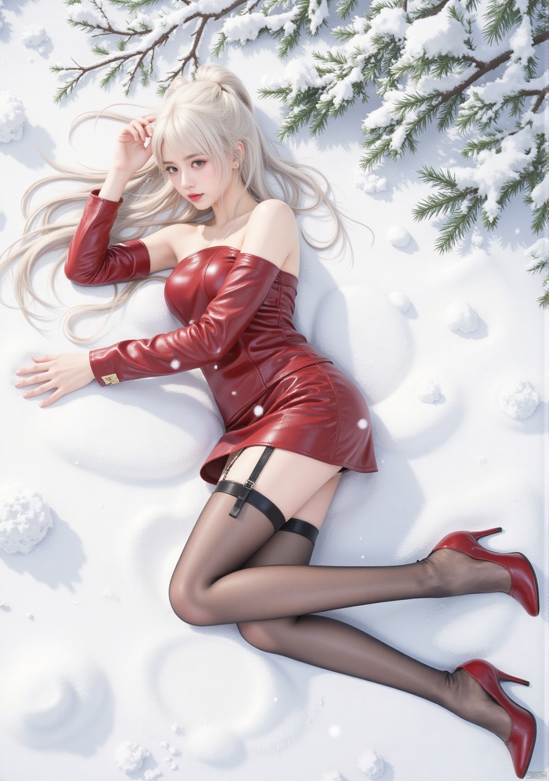 Realistic photo, 1girl, long flowing hair, fair skin, big breasts, bare shoulders, red leather top, red short leather skirt, long legs, garters, leather stockings, red high heels, full body, lying in the snow , (falling snow), (body covered with snow), heavy snow, Christmas, top view,