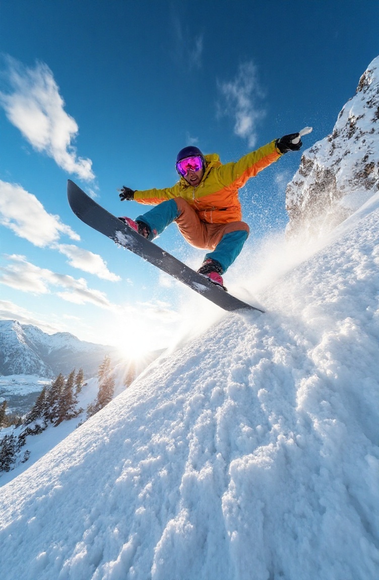 Hyper-realistic,  dynamic shot of a ciborg-snowboarder mid-air,  performing an acrobatic jump high above a snow-covered mo...