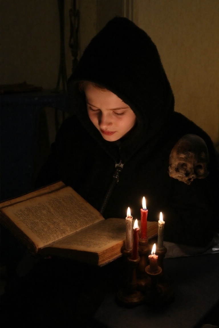 A young boy sits solo,  cloaked in darkness,  his hood up and a mysterious black cloak draped around him. He holds an open...