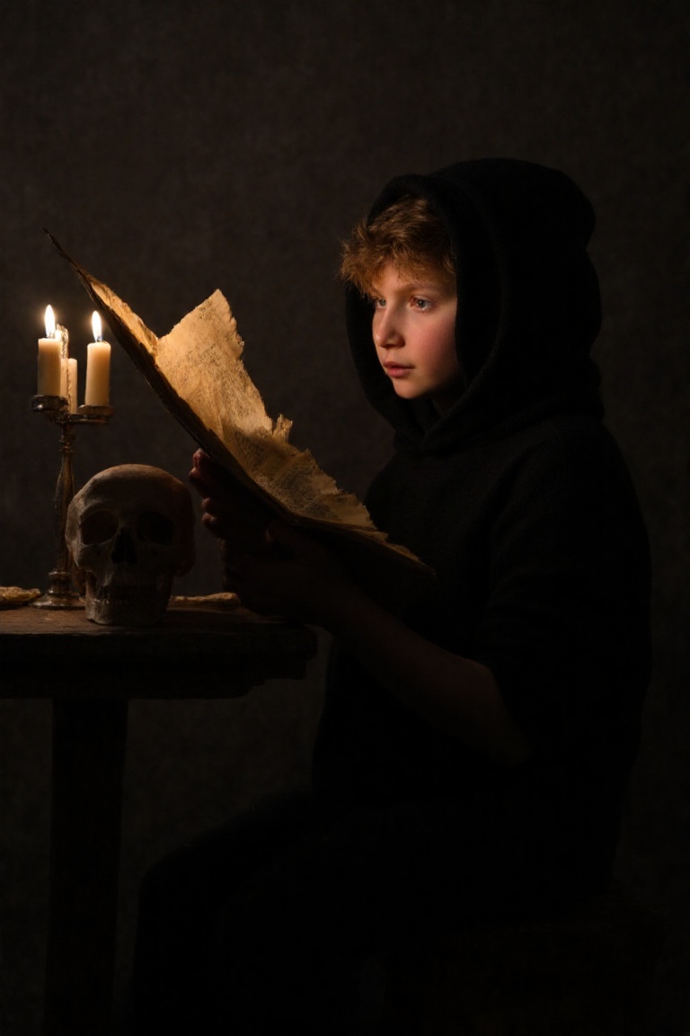 A young boy sits solo,  cloaked in darkness,  his hood up and a mysterious black cloak draped around him. He holds an open...
