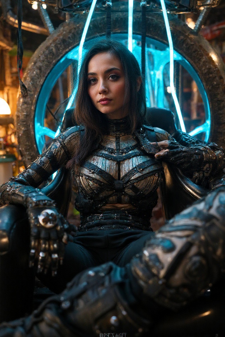queen of the synthetic nanotecnoligic warrior,  sitting in a bionic trhone,  hoding a nanotech sword on Tensor.Art