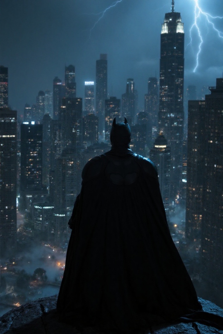 Batman standing,  facing the dark Gotham City metropolis. The scene captures Batman in a powerful pose,  his cape billowin...