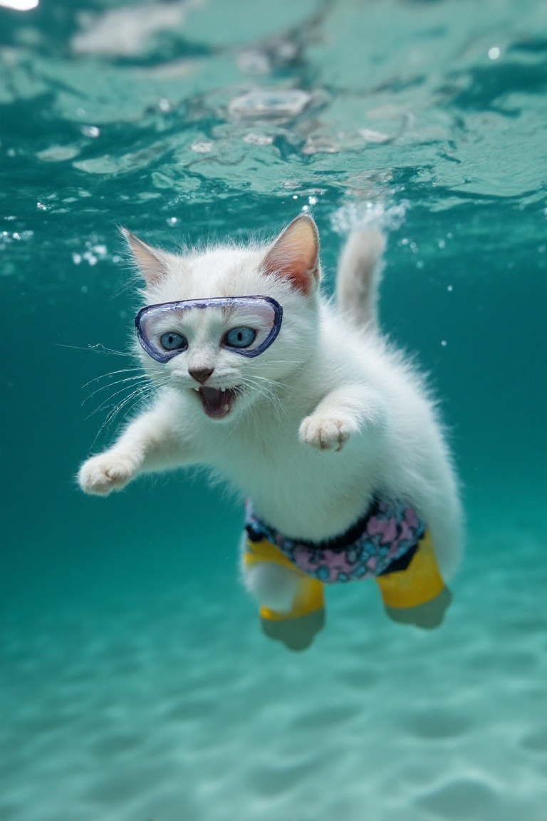 cinematic film still ((BBC Style)) picture of a cute white baby kitten mobster in (wildlife) ,  swimming in the ocean unde...