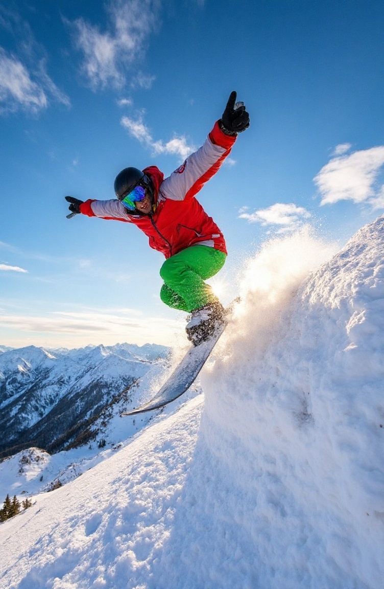 Hyper-realistic,  dynamic shot of a ciborg-snowboarder mid-air,  performing an acrobatic jump high above a snow-covered mo...