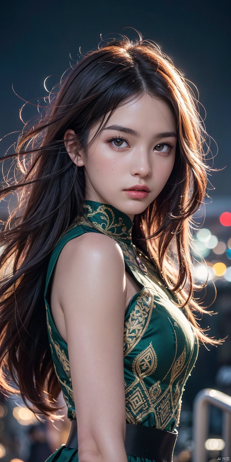 (masterpiece, best quality, ultra-detailed, highres, best illustration),1girl, solo,(male focus:0.8), transgender male, red hair, green hair, heterochromia, purple eyes, two tone hair, ,side lighting, lustrous skin,(shine), (shiny skin, cetlic elements, norse heritage), ray tracing, shirt, wind swept hair, detailed hair, detailed face, ,depth_of_field,very detailed background,extreme light and shadow,(detailed eyes) , perfect anatomy, (zentangle, mandala, tangle, entangle), dynamic angle, wide shot, upper body, city scape, extreme light and shadow, night sky