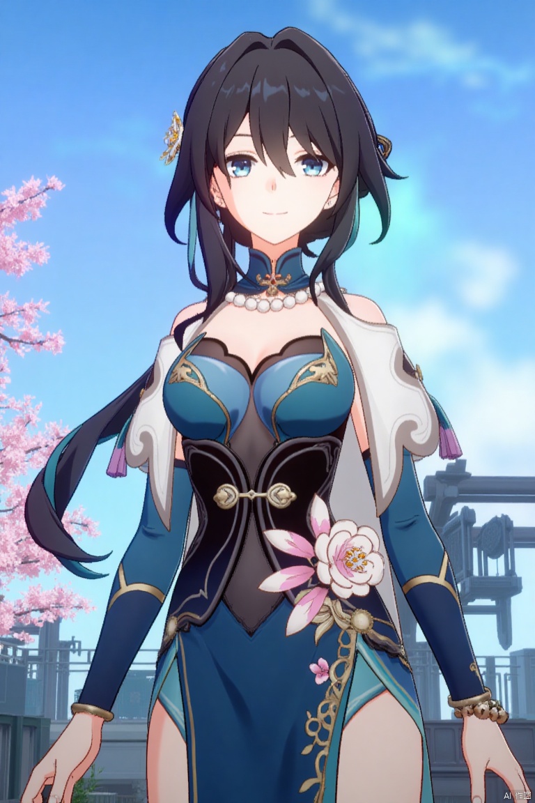 1girl, solo, long hair, breasts, looking at viewer, smile, bangs, blue eyes, brown hair, black hair, hair ornament, long sleeves, dress, cleavage, closed mouth, standing, flower, outdoors, detached sleeves, sky, day, cloud, hair flower, hair bun, tree, blue sky, blue dress, chinese clothes, cherry blossoms,rm,the text "Star Rail" in the middle below, movie poster.