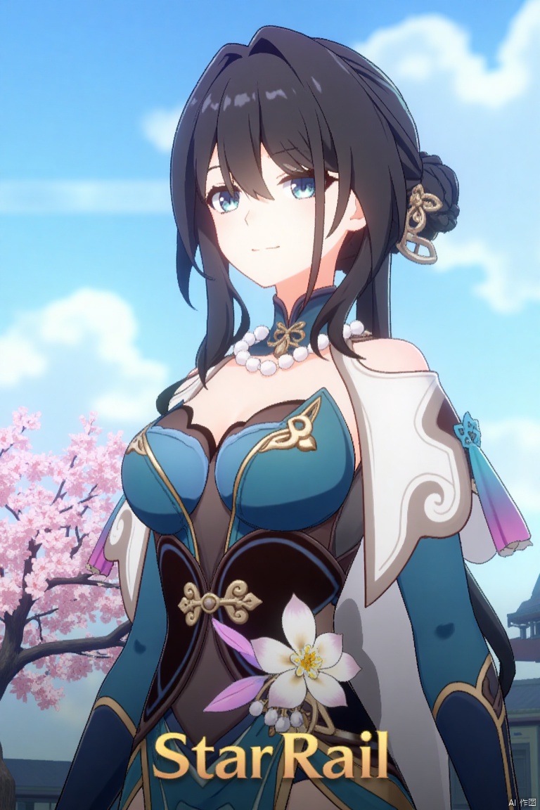 1girl, solo, long hair, breasts, looking at viewer, smile, bangs, blue eyes, brown hair, black hair, hair ornament, long sleeves, dress, cleavage, closed mouth, standing, flower, outdoors, detached sleeves, sky, day, cloud, hair flower, hair bun, tree, blue sky, blue dress, chinese clothes, cherry blossoms,rm,the text "Star Rail" in the middle below, movie poster.