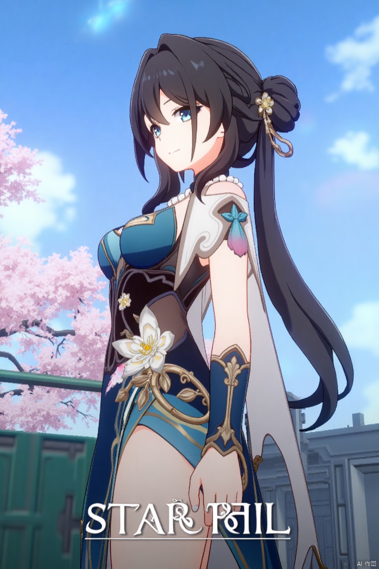 1girl, solo, long hair, breasts, looking at viewer, smile, bangs, blue eyes, brown hair, black hair, hair ornament, long sleeves, dress, cleavage, closed mouth, standing, flower, outdoors, detached sleeves, sky, day, cloud, hair flower, hair bun, tree, blue sky, blue dress, chinese clothes, cherry blossoms,rm,the text "Star Rail" in the middle below, movie poster.
