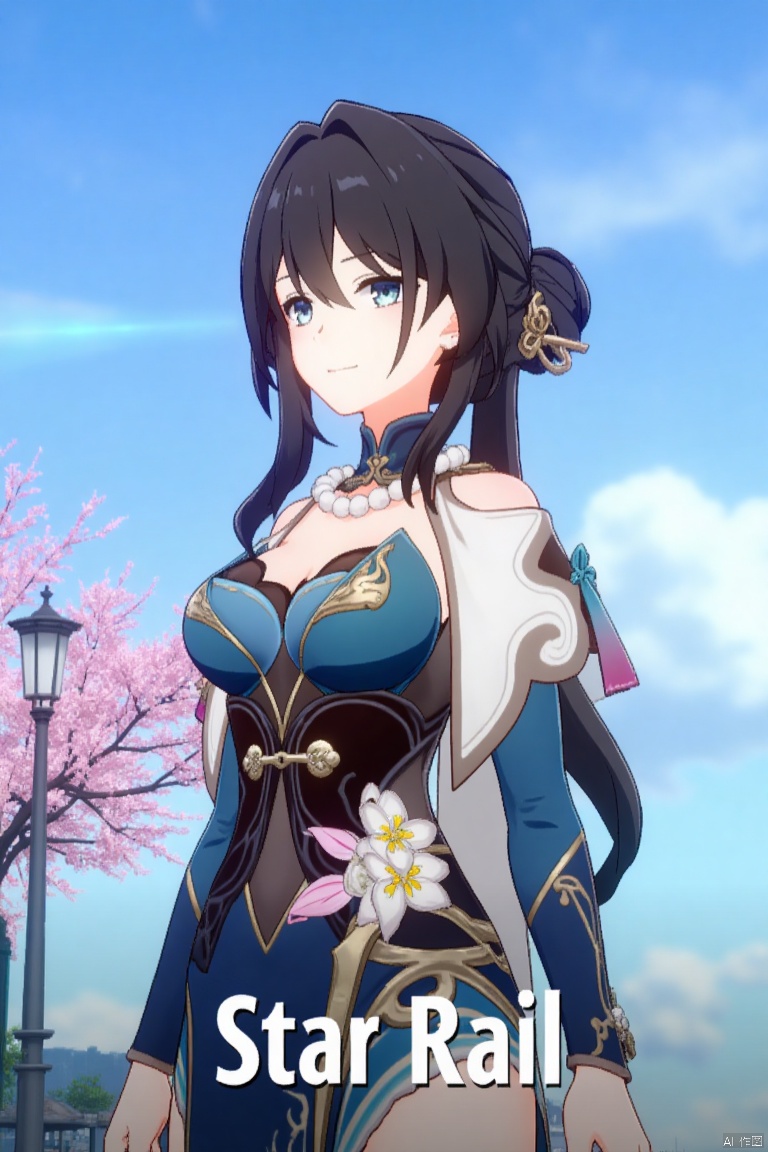 1girl, solo, long hair, breasts, looking at viewer, smile, bangs, blue eyes, brown hair, black hair, hair ornament, long sleeves, dress, cleavage, closed mouth, standing, flower, outdoors, detached sleeves, sky, day, cloud, hair flower, hair bun, tree, blue sky, blue dress, chinese clothes, cherry blossoms,rm,the text "Star Rail" in the middle below, movie poster.