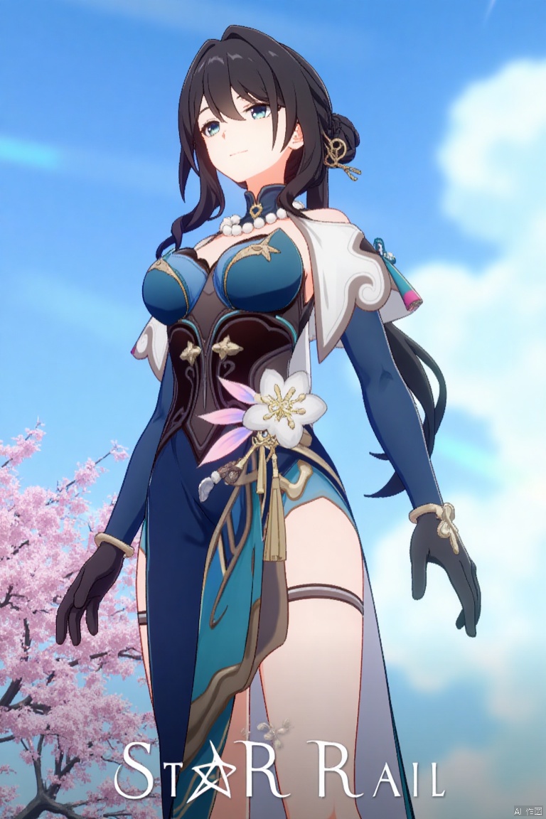 1girl, solo, long hair, breasts, looking at viewer, smile, bangs, blue eyes, brown hair, black hair, hair ornament, long sleeves, dress, cleavage, closed mouth, standing, flower, outdoors, detached sleeves, sky, day, cloud, hair flower, hair bun, tree, blue sky, blue dress, chinese clothes, cherry blossoms,rm,the text "Star Rail" in the middle below, movie poster.