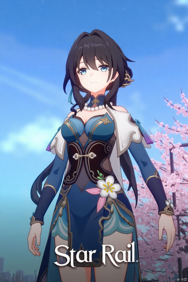 1girl, solo, long hair, breasts, looking at viewer, smile, bangs, blue eyes, brown hair, black hair, hair ornament, long sleeves, dress, cleavage, closed mouth, standing, flower, outdoors, detached sleeves, sky, day, cloud, hair flower, hair bun, tree, blue sky, blue dress, chinese clothes, cherry blossoms,rm,the text "Star Rail" in the middle below, movie poster.