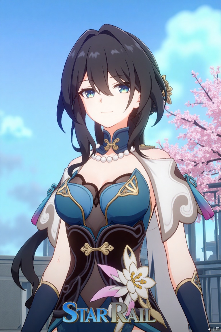 1girl, solo, long hair, breasts, looking at viewer, smile, bangs, blue eyes, brown hair, black hair, hair ornament, long sleeves, dress, cleavage, closed mouth, standing, flower, outdoors, detached sleeves, sky, day, cloud, hair flower, hair bun, tree, blue sky, blue dress, chinese clothes, cherry blossoms,rm,the text "Star Rail" in the middle below, movie poster.