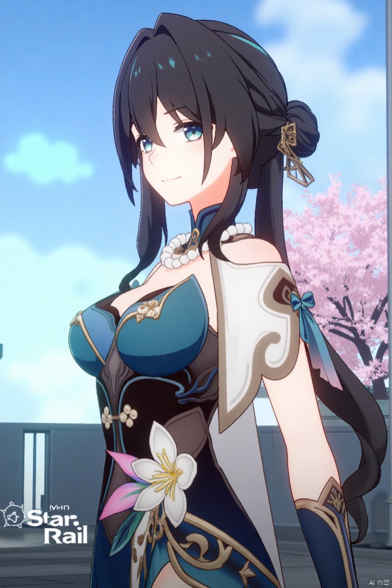 1girl, solo, long hair, breasts, looking at viewer, smile, bangs, blue eyes, brown hair, black hair, hair ornament, long sleeves, dress, cleavage, closed mouth, standing, flower, outdoors, detached sleeves, sky, day, cloud, hair flower, hair bun, tree, blue sky, blue dress, chinese clothes, cherry blossoms,rm,the text "Star Rail" in the middle below, movie poster.