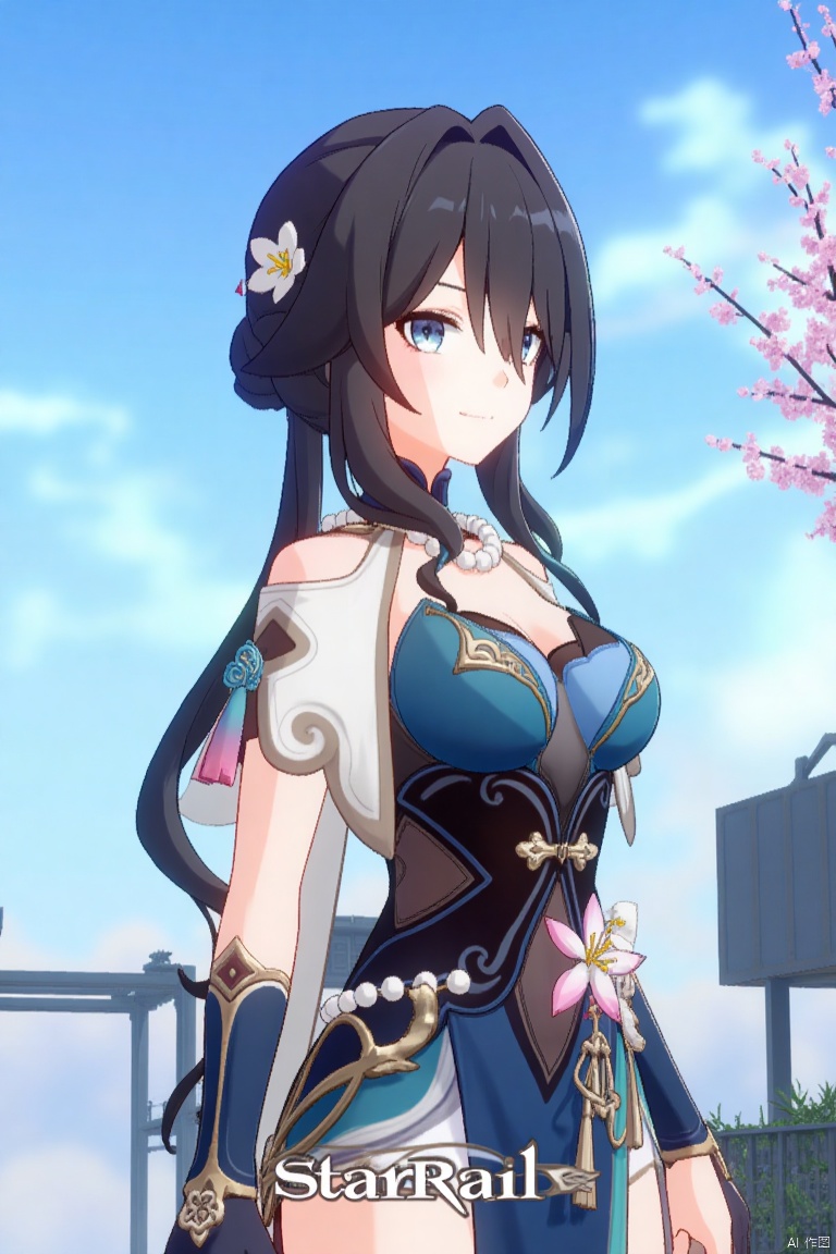 1girl, solo, long hair, breasts, looking at viewer, smile, bangs, blue eyes, brown hair, black hair, hair ornament, long sleeves, dress, cleavage, closed mouth, standing, flower, outdoors, detached sleeves, sky, day, cloud, hair flower, hair bun, tree, blue sky, blue dress, chinese clothes, cherry blossoms,rm,the text "Star Rail" in the middle below, movie poster.