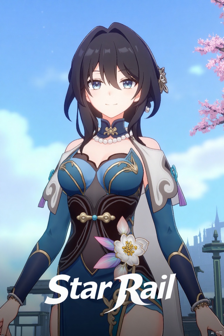 1girl, solo, long hair, breasts, looking at viewer, smile, bangs, blue eyes, brown hair, black hair, hair ornament, long sleeves, dress, cleavage, closed mouth, standing, flower, outdoors, detached sleeves, sky, day, cloud, hair flower, hair bun, tree, blue sky, blue dress, chinese clothes, cherry blossoms,rm,the text "Star Rail" in the middle below, movie poster.