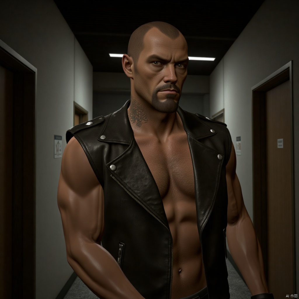 Francis,bald, muscular, pecs,home vest, in the alley,mature