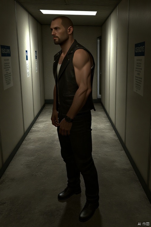 Francis, 1boy, bald, muscular, pecs, vest, in the alley