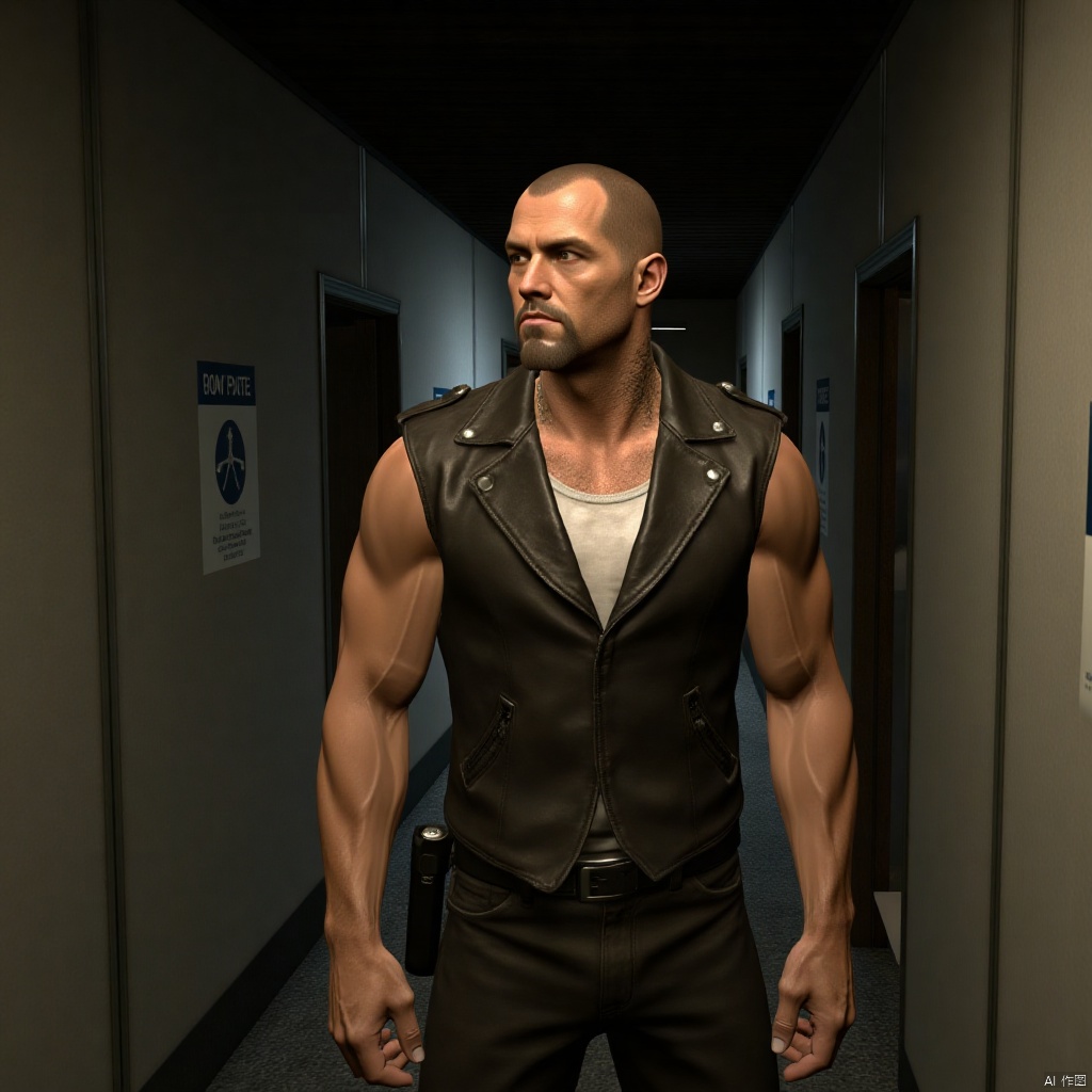 Francis,bald, muscular, pecs,home vest, in the alley,mature