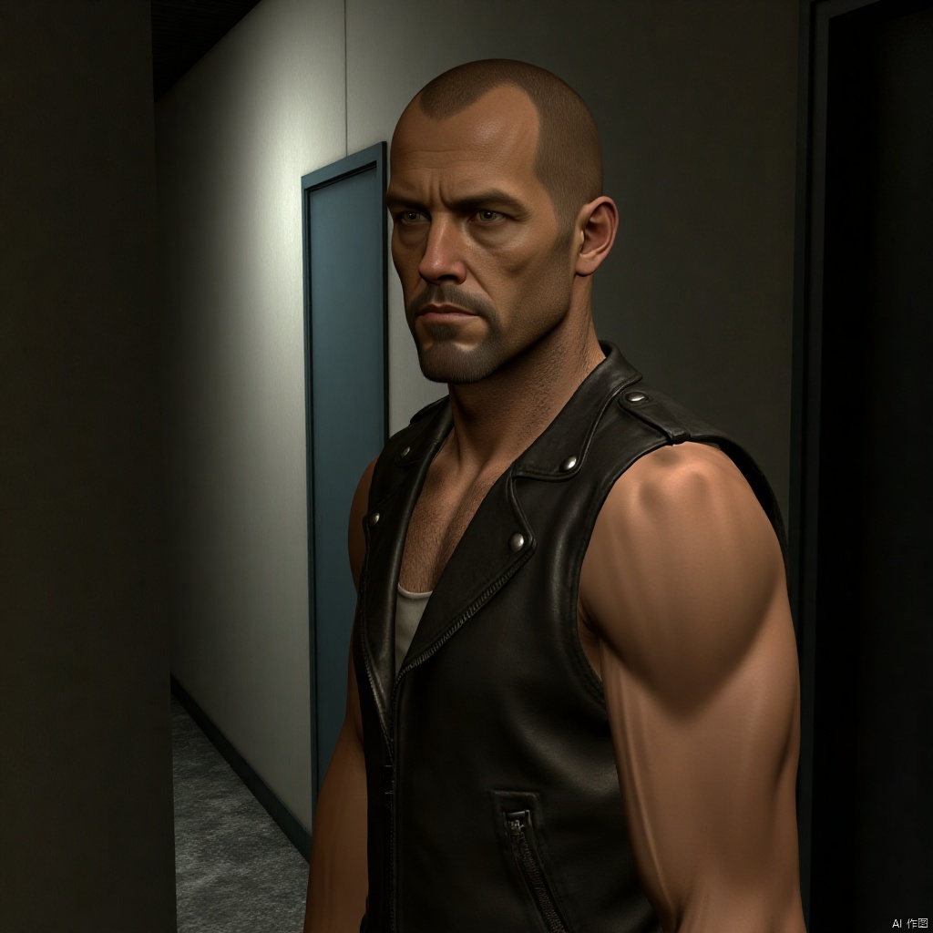 Francis,bald, muscular, pecs,home vest, in the alley