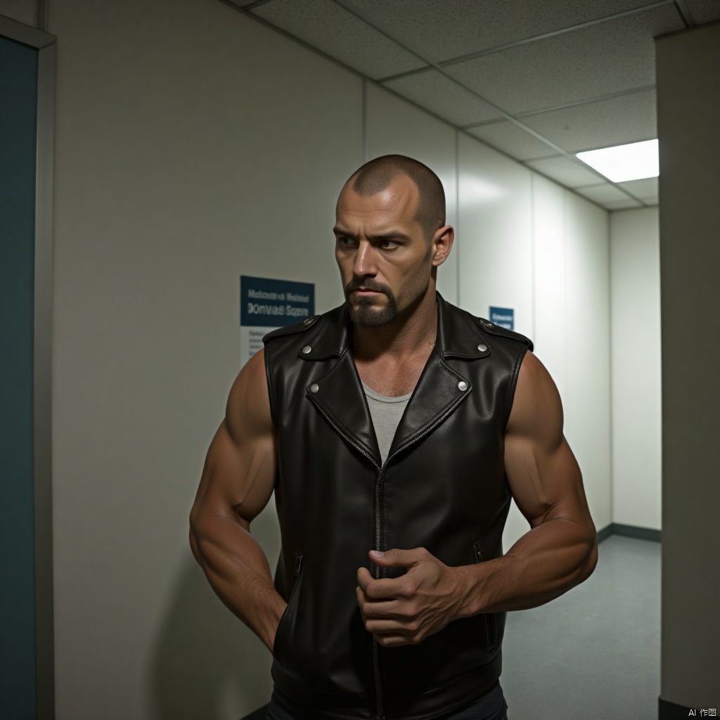 Francis,bald, muscular, pecs,home vest, in the hospital