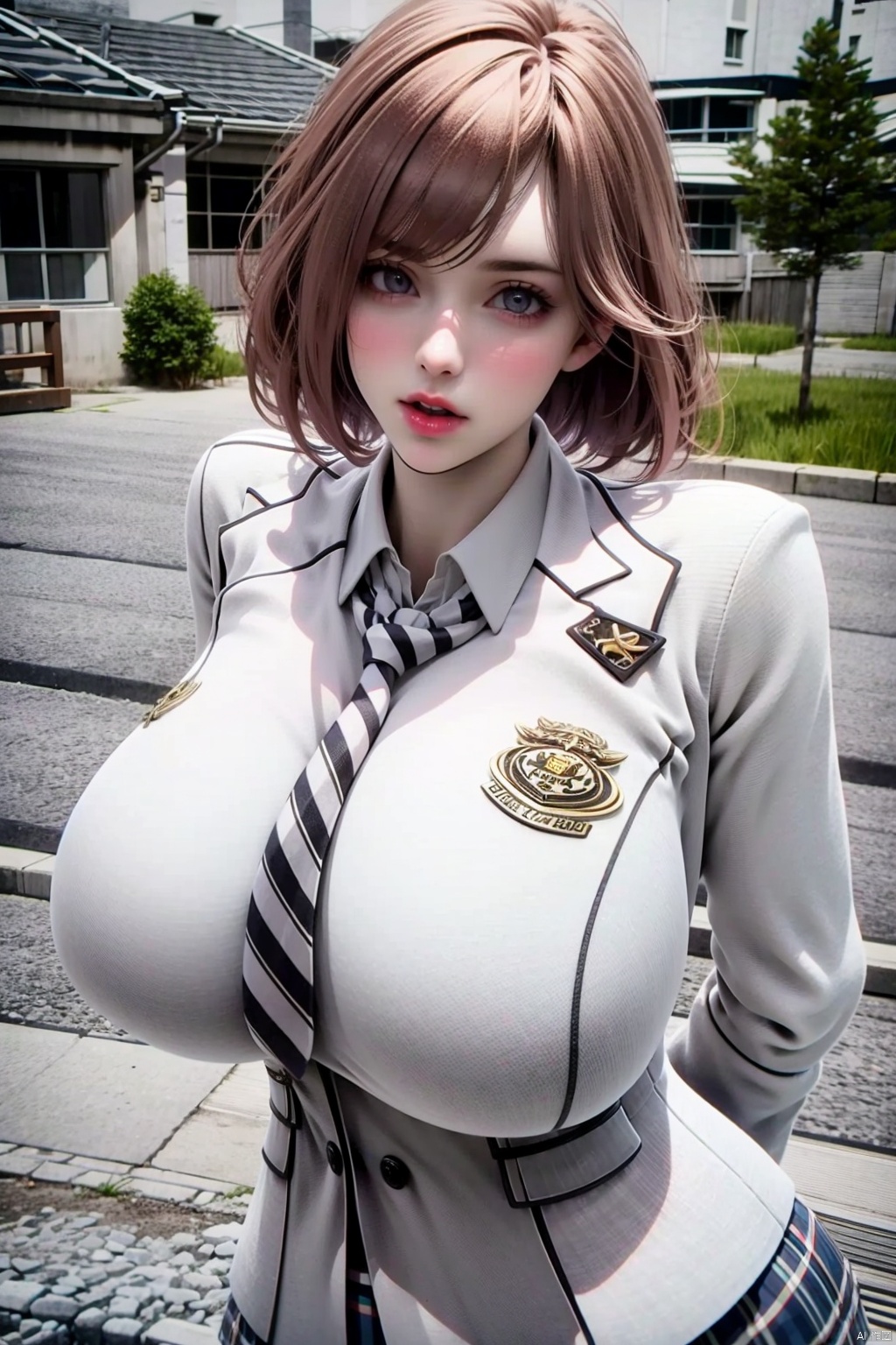 1girl
solo
breasts
looking at viewer
short hair
skirt
school uniform
jacket
necktie
striped
huge breasts
grey eyes
plaid
plaid skirt
arms behind back
blazer
pale skin
striped necktie