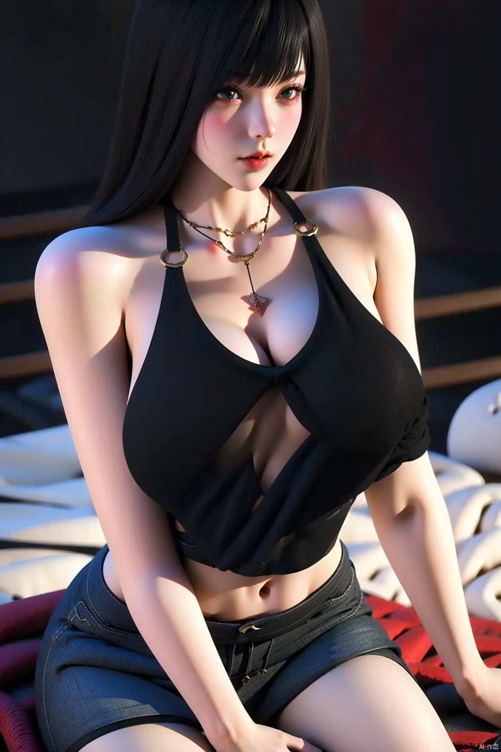 1girl
solo
long hair
breasts
looking at viewer
bangs
shirt
black hair
navel
bare shoulders
jewelry
pantyhose
cowboy shot
shorts
midriff
necklace
lips
black shirt
short shorts
o-ring
realistic
holding own arm