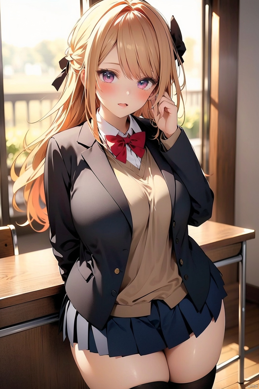 1girl
solo
long hair
breasts
looking at viewer
blush
smile
open mouth
bangs
skirt
large breasts
shirt
thighhighs
long sleeves
bow
school uniform
standing
jacket
thighs
pleated skirt
open clothes
collared shirt
indoors
hand up
miniskirt
bowtie
open jacket
zettai ryouiki
skindentation
thick thighs
blazer
desk
arm behind back
classroom
