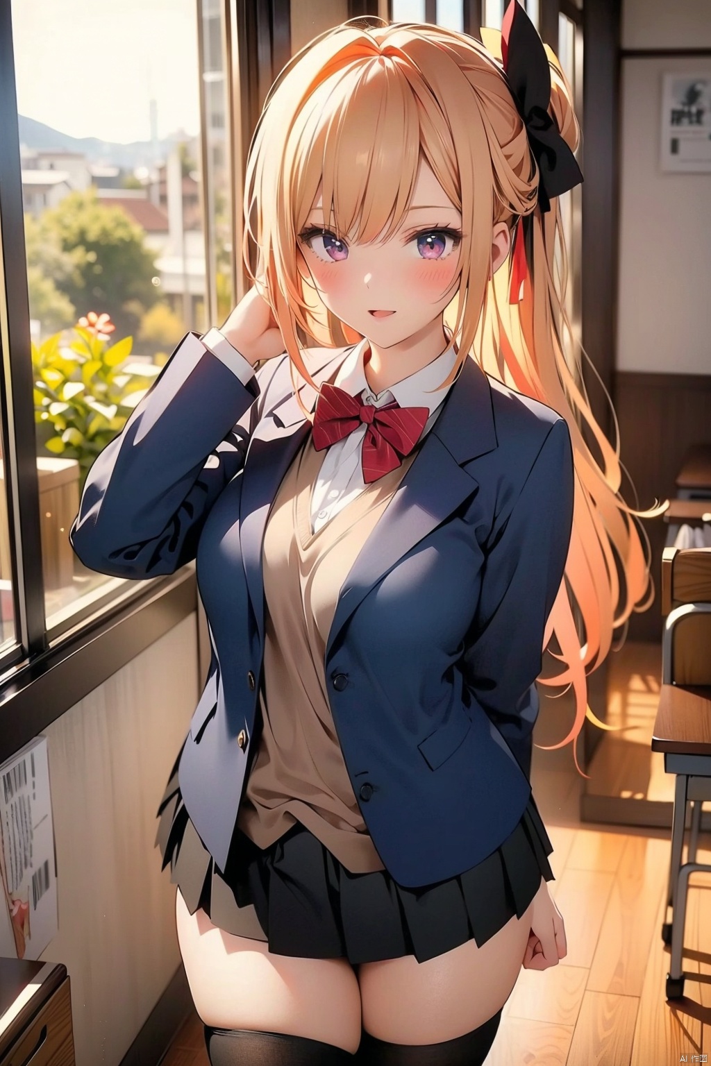 1girl
solo
long hair
breasts
looking at viewer
blush
smile
open mouth
bangs
skirt
large breasts
shirt
thighhighs
long sleeves
bow
school uniform
standing
jacket
thighs
pleated skirt
open clothes
collared shirt
indoors
hand up
miniskirt
bowtie
open jacket
zettai ryouiki
skindentation
thick thighs
blazer
desk
arm behind back
classroom