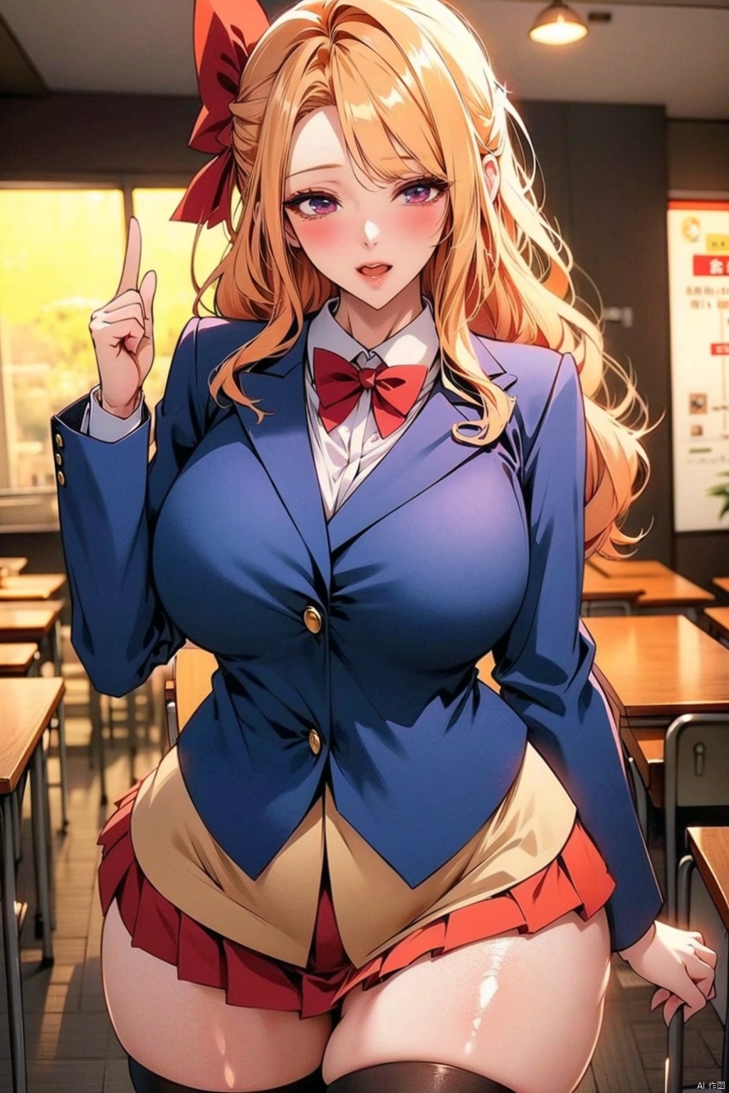 1girl
solo
long hair
breasts
looking at viewer
blush
smile
open mouth
bangs
skirt
large breasts
shirt
thighhighs
long sleeves
bow
school uniform
standing
jacket
thighs
pleated skirt
open clothes
collared shirt
indoors
hand up
miniskirt
bowtie
open jacket
zettai ryouiki
skindentation
thick thighs
blazer
desk
arm behind back
classroom