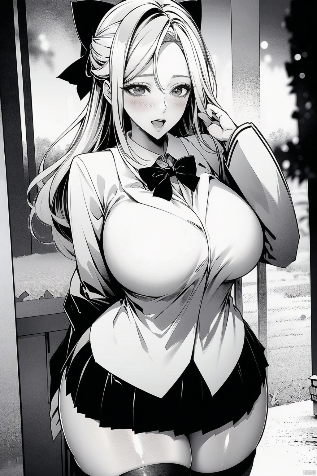 1girl
solo
long hair
breasts
looking at viewer
blush
smile
open mouth
bangs
skirt
large breasts
shirt
thighhighs
long sleeves
bow
school uniform
standing
jacket
monochrome
greyscale
thighs
pleated skirt
open clothes
collared shirt
indoors
hand up
miniskirt
bowtie
open jacket
zettai ryouiki
skindentation
thick thighs
blazer
desk
arm behind back
classroom
