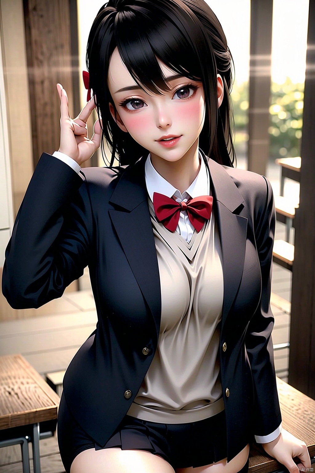 1girl
solo
long hair
breasts
looking at viewer
blush
smile
open mouth
bangs
skirt
large breasts
shirt
thighhighs
long sleeves
bow
school uniform
standing
jacket
thighs
pleated skirt
open clothes
collared shirt
indoors
hand up
miniskirt
bowtie
open jacket
zettai ryouiki
skindentation
thick thighs
blazer
desk
arm behind back
classroom