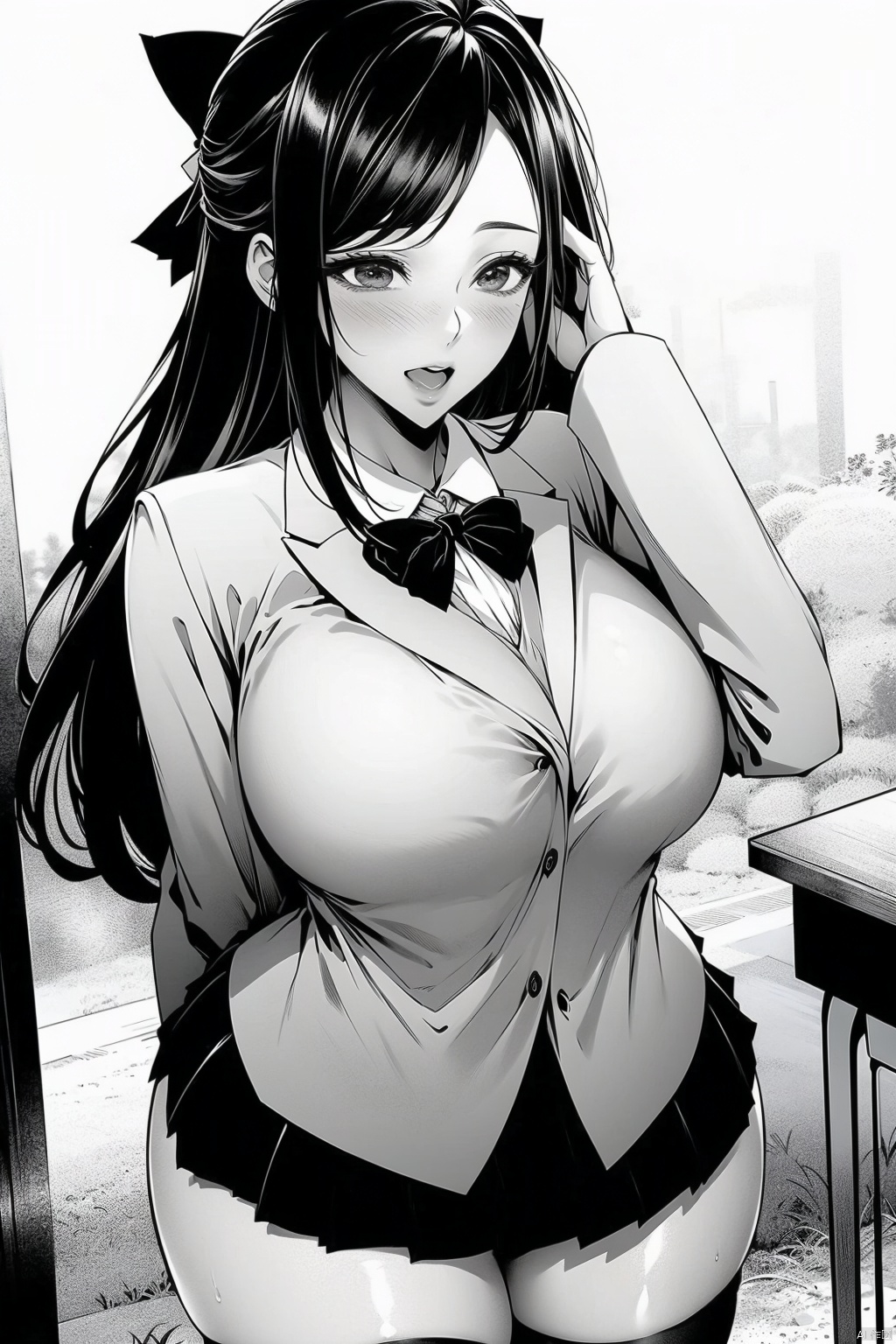 1girl
solo
long hair
breasts
looking at viewer
blush
smile
open mouth
bangs
skirt
large breasts
shirt
thighhighs
long sleeves
bow
school uniform
standing
jacket
monochrome
greyscale
thighs
pleated skirt
open clothes
collared shirt
indoors
hand up
miniskirt
bowtie
open jacket
zettai ryouiki
skindentation
thick thighs
blazer
desk
arm behind back
classroom
