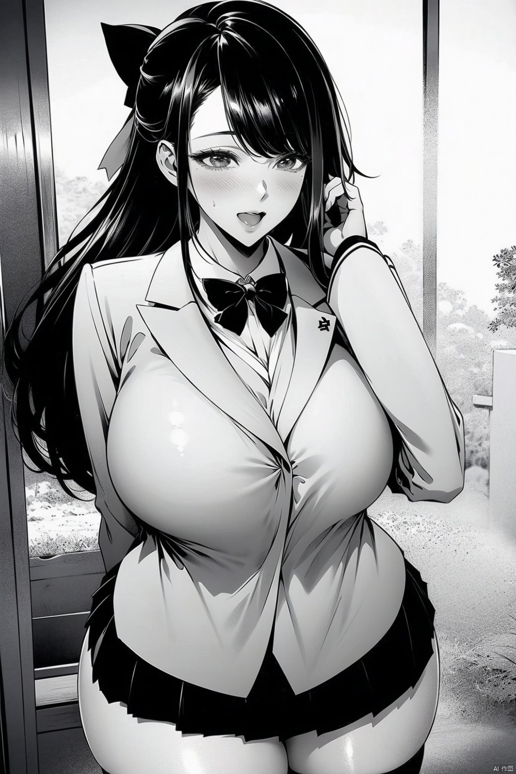 1girl
solo
long hair
breasts
looking at viewer
blush
smile
open mouth
bangs
skirt
large breasts
shirt
thighhighs
long sleeves
bow
school uniform
standing
jacket
monochrome
greyscale
thighs
pleated skirt
open clothes
collared shirt
indoors
hand up
miniskirt
bowtie
open jacket
zettai ryouiki
skindentation
thick thighs
blazer
desk
arm behind back
classroom