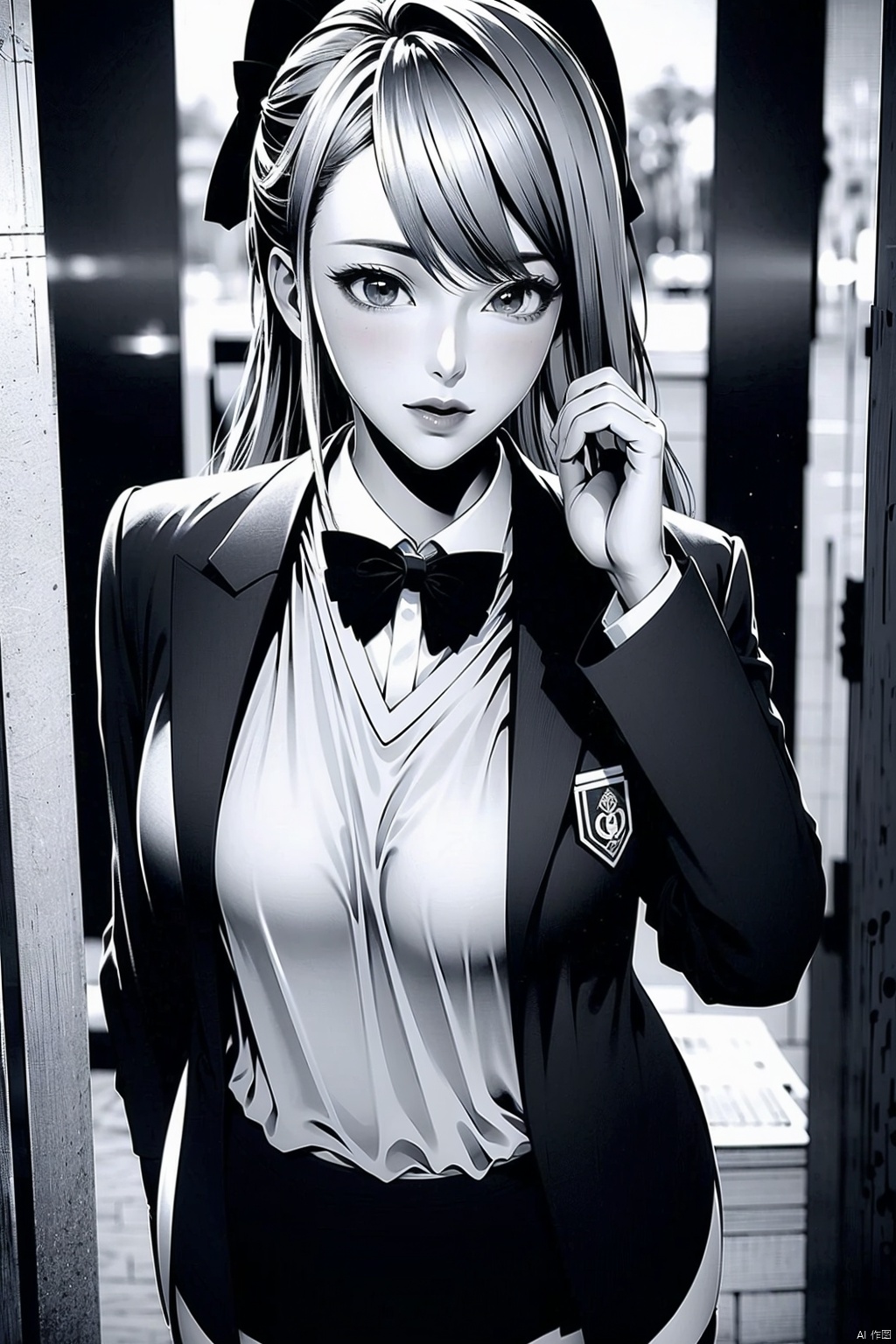 1girl
solo
long hair
breasts
looking at viewer
blush
smile
open mouth
bangs
skirt
large breasts
shirt
thighhighs
long sleeves
bow
school uniform
standing
jacket
monochrome
greyscale
thighs
pleated skirt
open clothes
collared shirt
indoors
hand up
miniskirt
bowtie
open jacket
zettai ryouiki
skindentation
thick thighs
blazer
desk
arm behind back
classroom