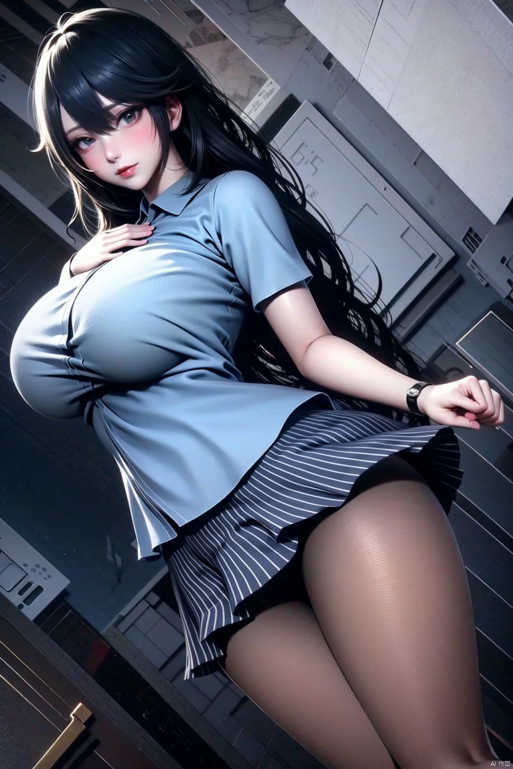 1girl
solo
long hair
breasts
looking at viewer
skirt
large breasts
shirt
black hair
pantyhose
black eyes
lips
dutch angle
grey shirt
watch
wristwatch