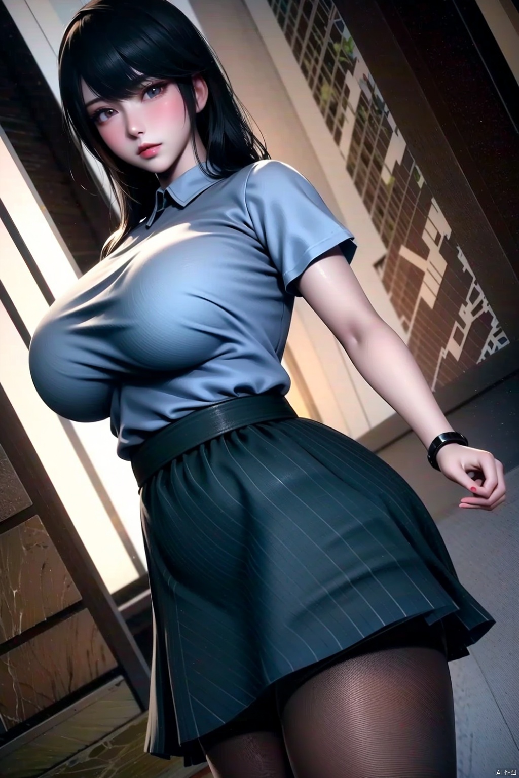 1girl
solo
long hair
breasts
looking at viewer
skirt
large breasts
shirt
black hair
pantyhose
black eyes
lips
dutch angle
grey shirt
watch
wristwatch