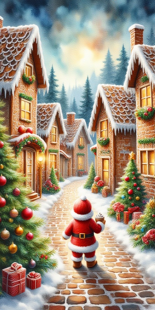 whimsical oil painting mix watercolor scene with gingerbread man wearing Santa claus red suit in a gingerbread village tow...