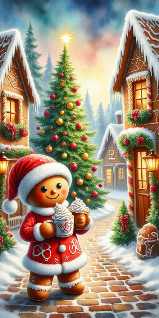 In a whimsical oil painting-meets-watercolor fusion,  a cheerful Gingerbread Man stands before the camera,  resplendent in...