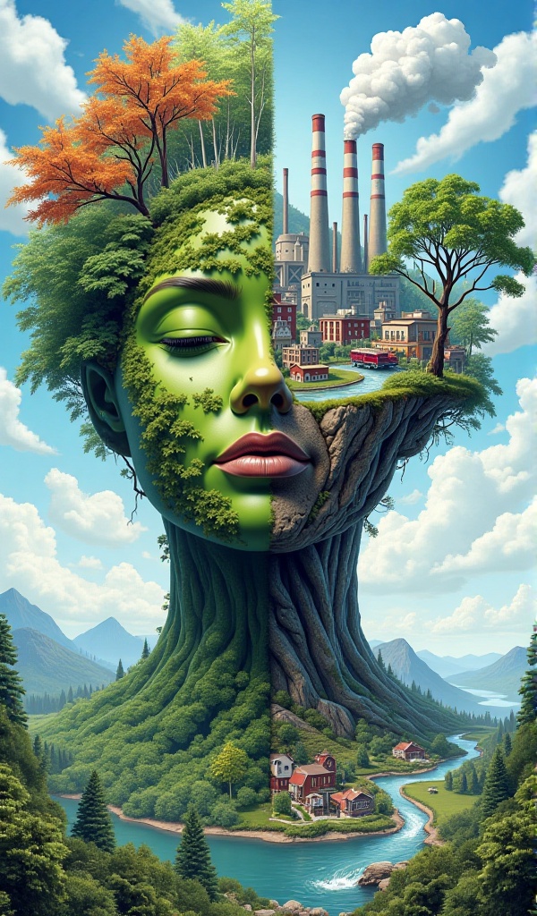 Surr3al_Art,  draw me a poster,  (portrait) Left side of the face is a healthy environment with beutifull landscape and fo...