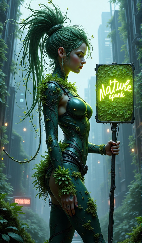 A detailed digital artwork titled"Naturepunk,  " featuring a woman in an intricate plant-cyberpunk style. Her body is ador...
