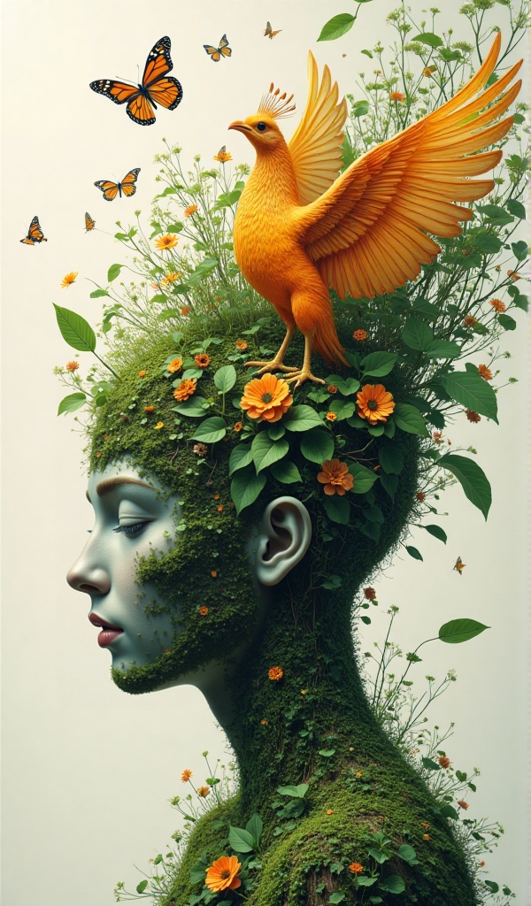 Surr3al_Art,  A person's head from which leaves come out instead of hair,  flowers on Tensor.Art