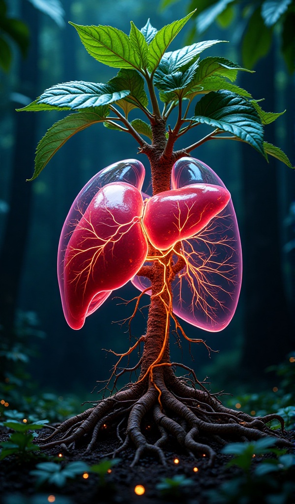 Ultra High Resolution photo of a human liver with veins that glow neon,  surrounded by plant roots,  naturepunk on Tensor.Art