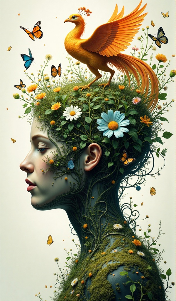 Surr3al_Art,  A person's head from which leaves come out instead of hair,  flowers on Tensor.Art