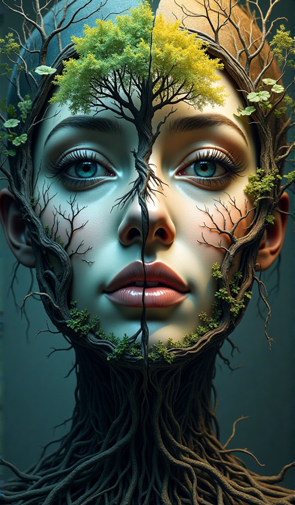 Surr3al_Art,  a face split in half. One side could represent a pained expression and the other a radiant,  contented face...