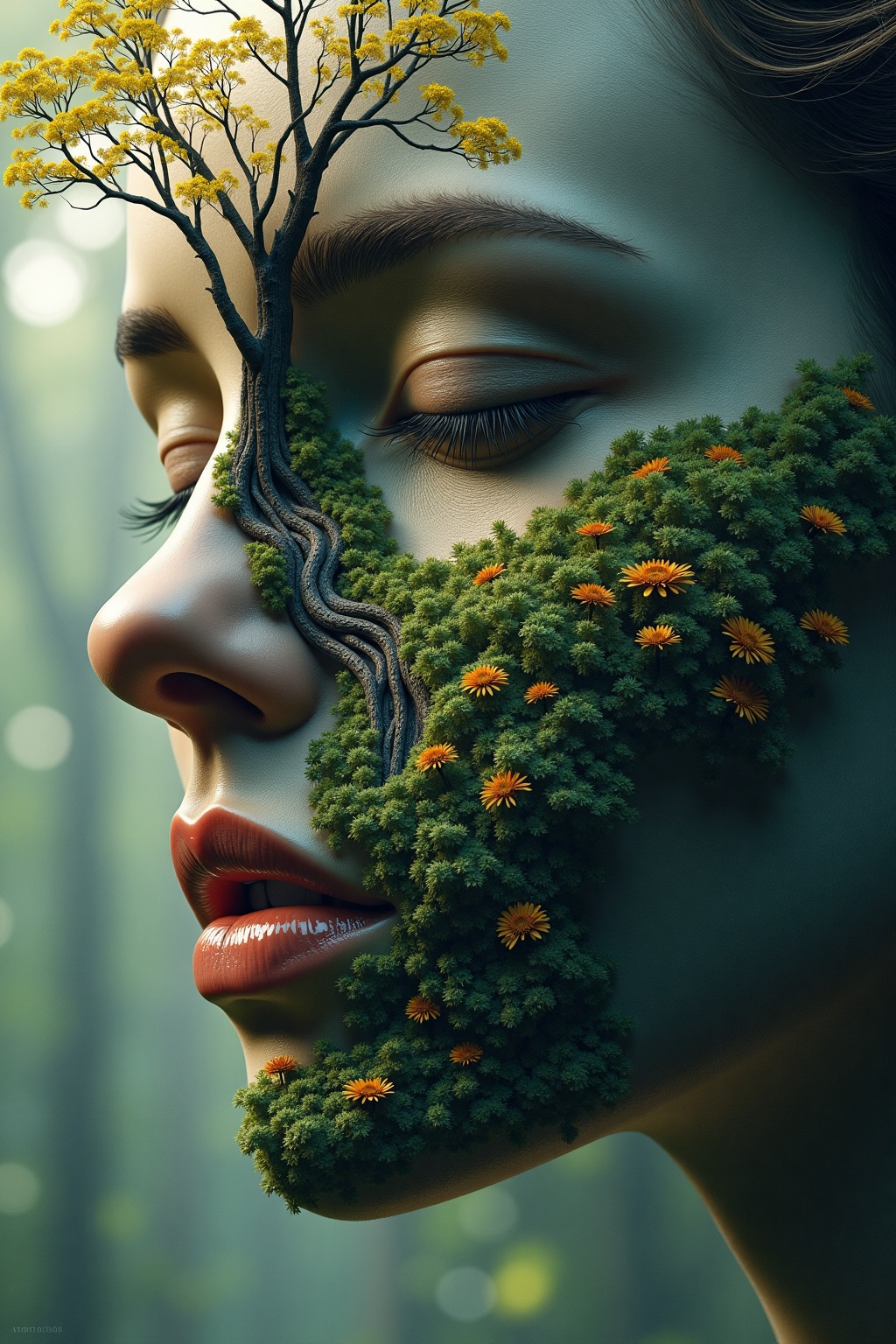 Surr3al_Art,  A close-up of a woman's face with a tree in the middle of it,  surreal art on Tensor.Art