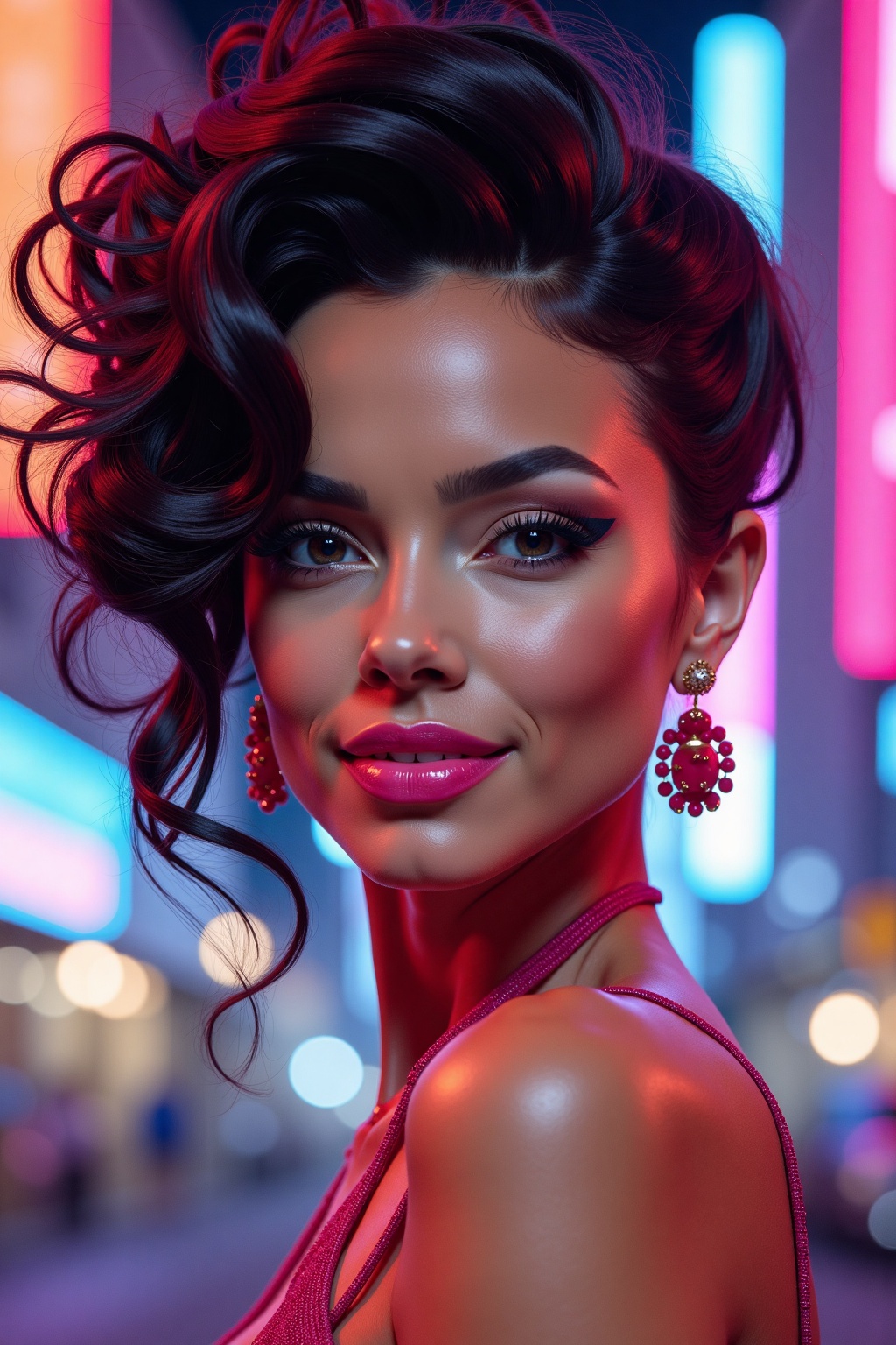 A close-up of a striking woman with big,  permed hair styled in voluminous curls. She has a bold,  bright pink lipstick on...