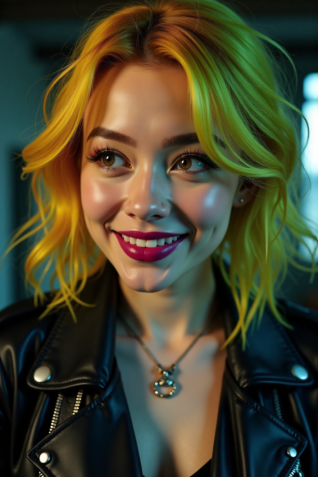 (close-up,  editorial photograph of a 23 year old woman withYellow and yellow-green gradient hair,  shoulder-length wavy h...