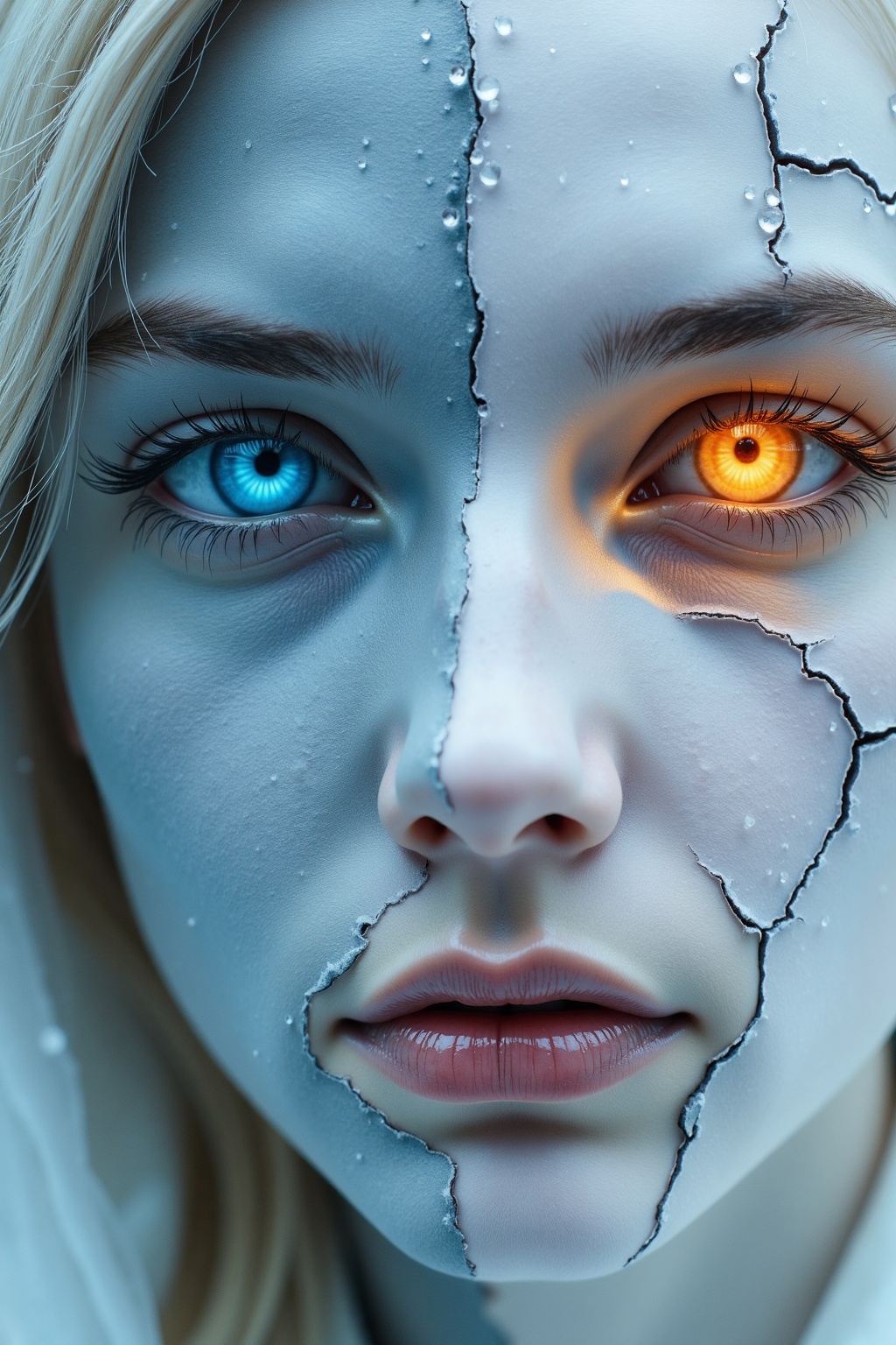 newfantasycore. The image is a photograph of a young woman with a striking,  otherworldly appearance. Her face is split do...
