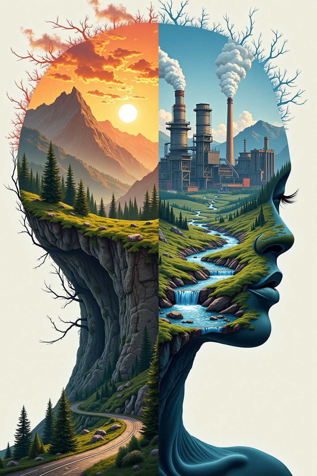 Surr3al_Art,  draw me a poster,  (portrait) Left side of the face is a healthy environment with beutifull landscape and fo...